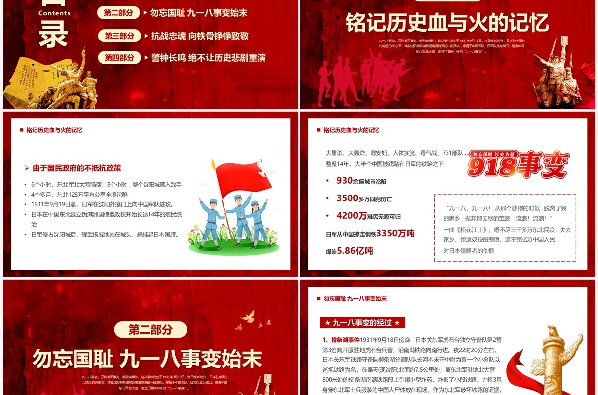 红色党政风勿忘九一八铭记国耻PPT模板