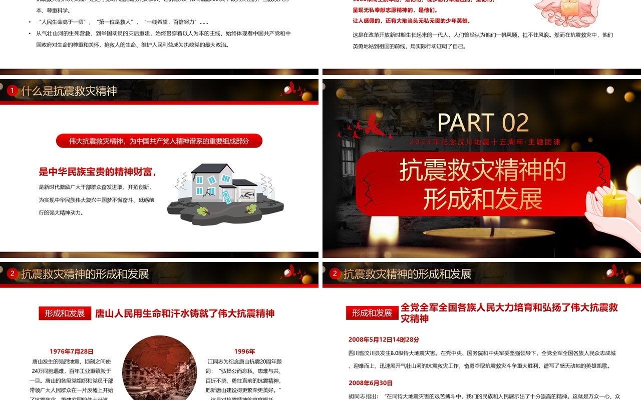红色卡通风伟大抗震救灾精神PPT模板
