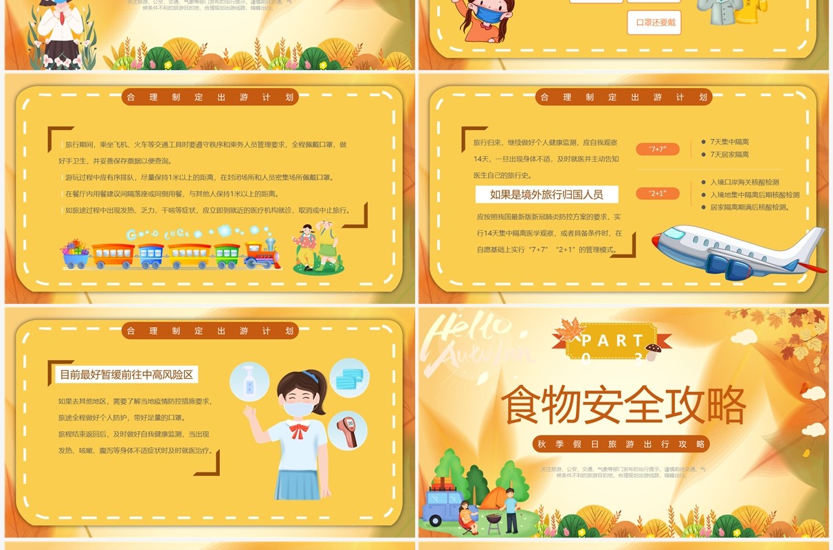 黄色卡通风秋季假日旅游攻略PPT模板