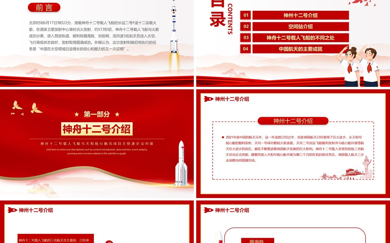 红色党政风神舟十二号载人航天飞船发射成功介绍PPT模板
