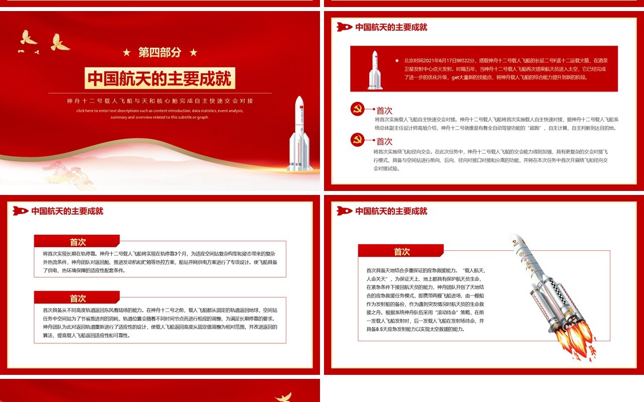红色党政风神舟十二号载人航天飞船发射成功介绍PPT模板