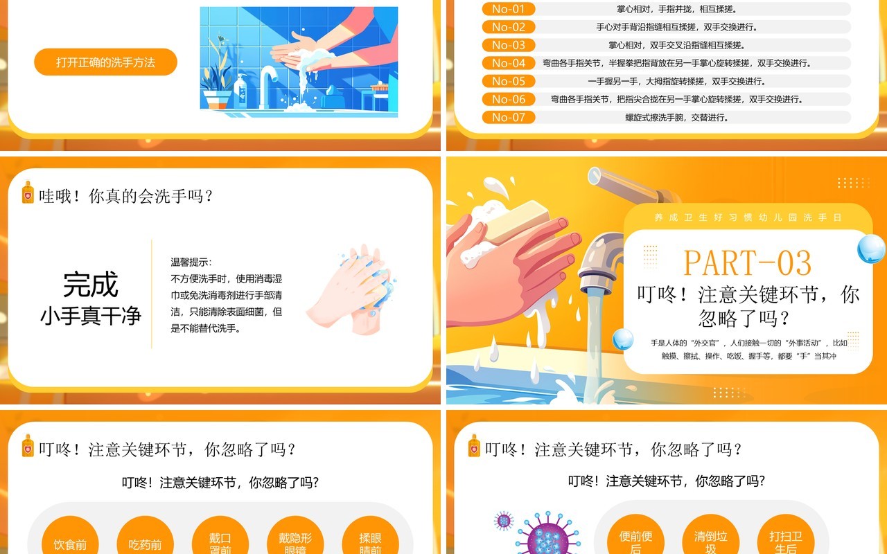 黄色插画风正确洗手守护健康PPT模板