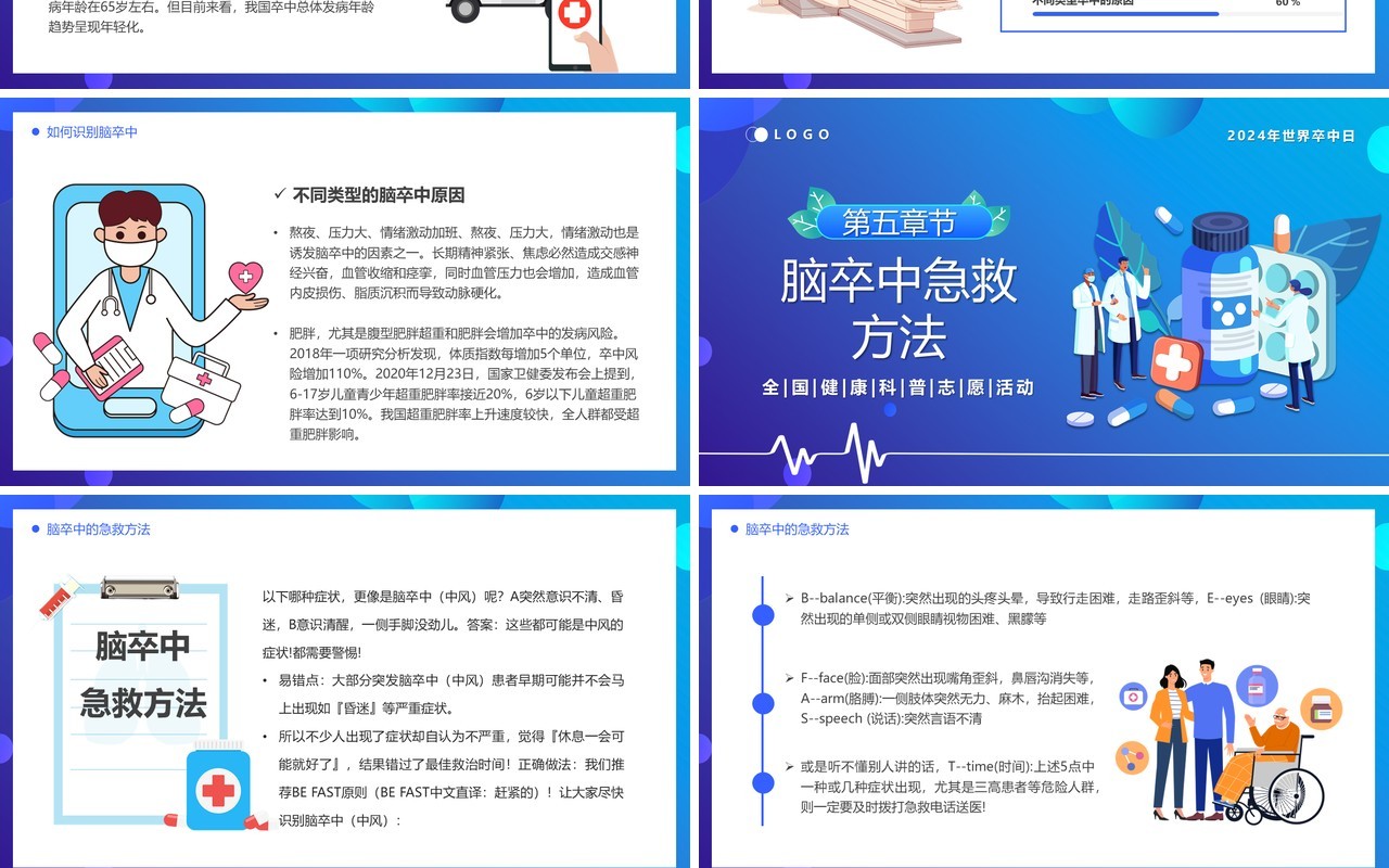 蓝色卡通风体医融合战胜卒中PPT模板