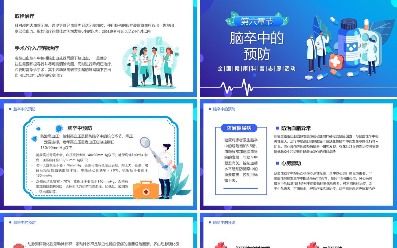 蓝色卡通风体医融合战胜卒中PPT模板