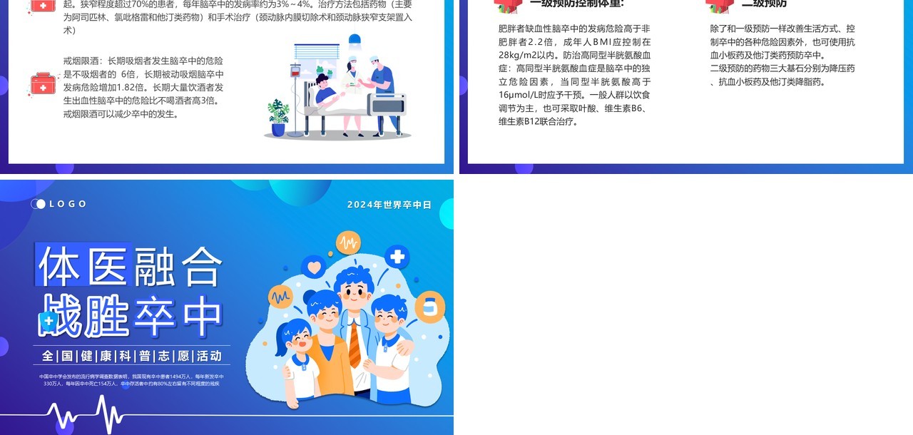 蓝色卡通风体医融合战胜卒中PPT模板
