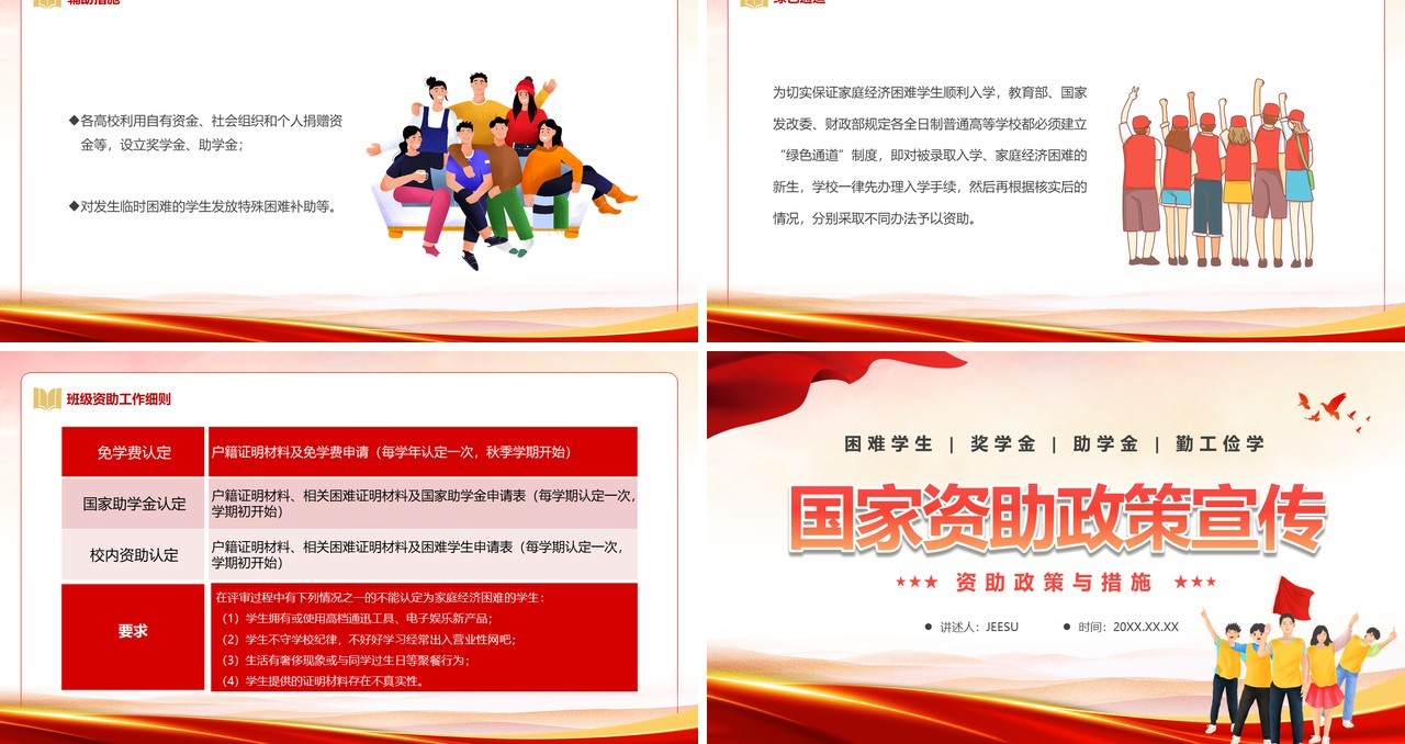 红色卡通风国家资助政策宣传PPT模板