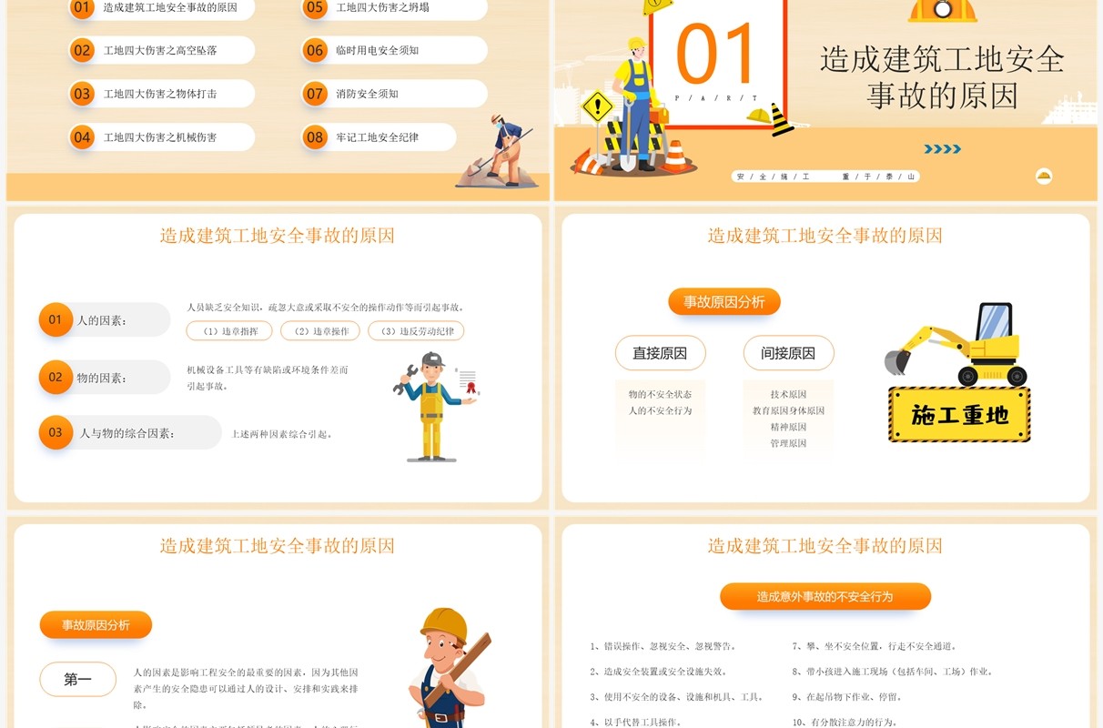 黄色卡通风建筑工地安全培训PPT模板