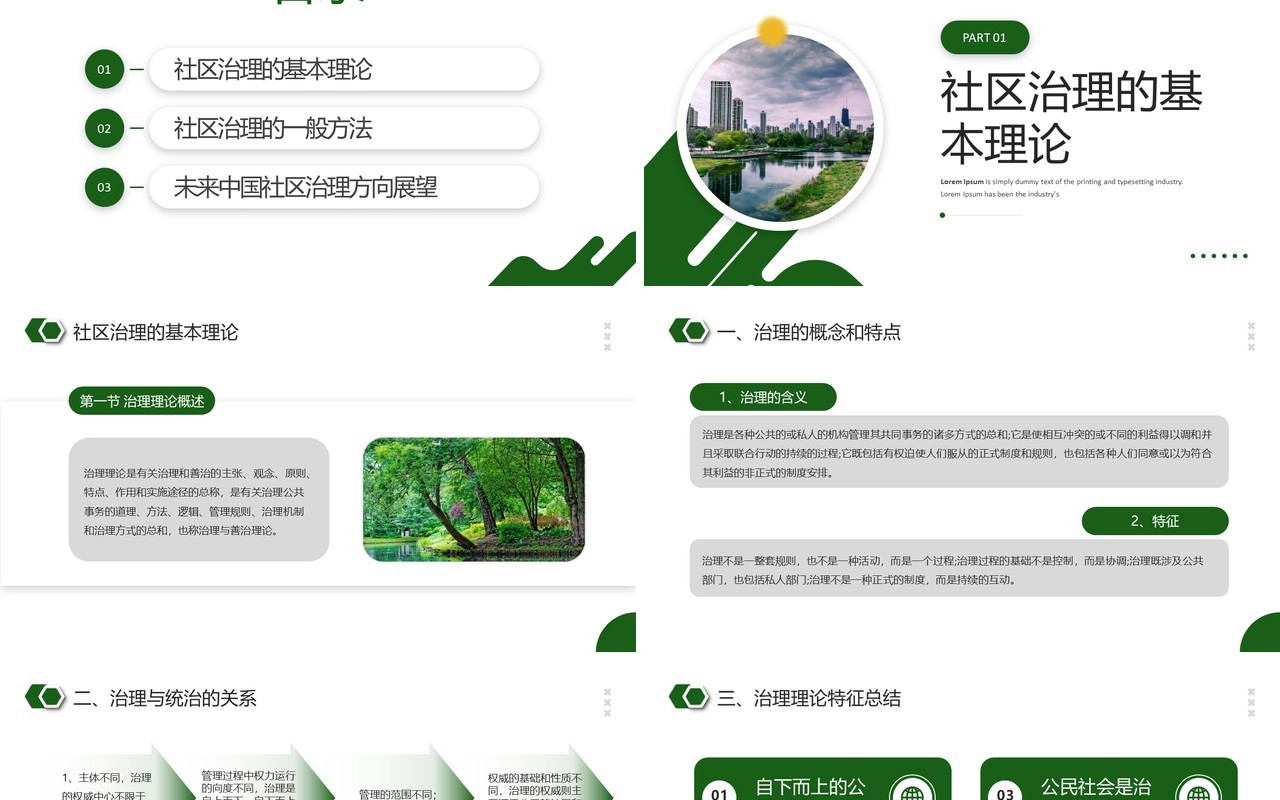 绿色简约风社区治理宣传介绍PPT模板