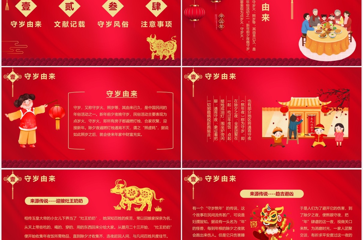 红色中国风除夕守岁文化节日新年介绍PPT模板