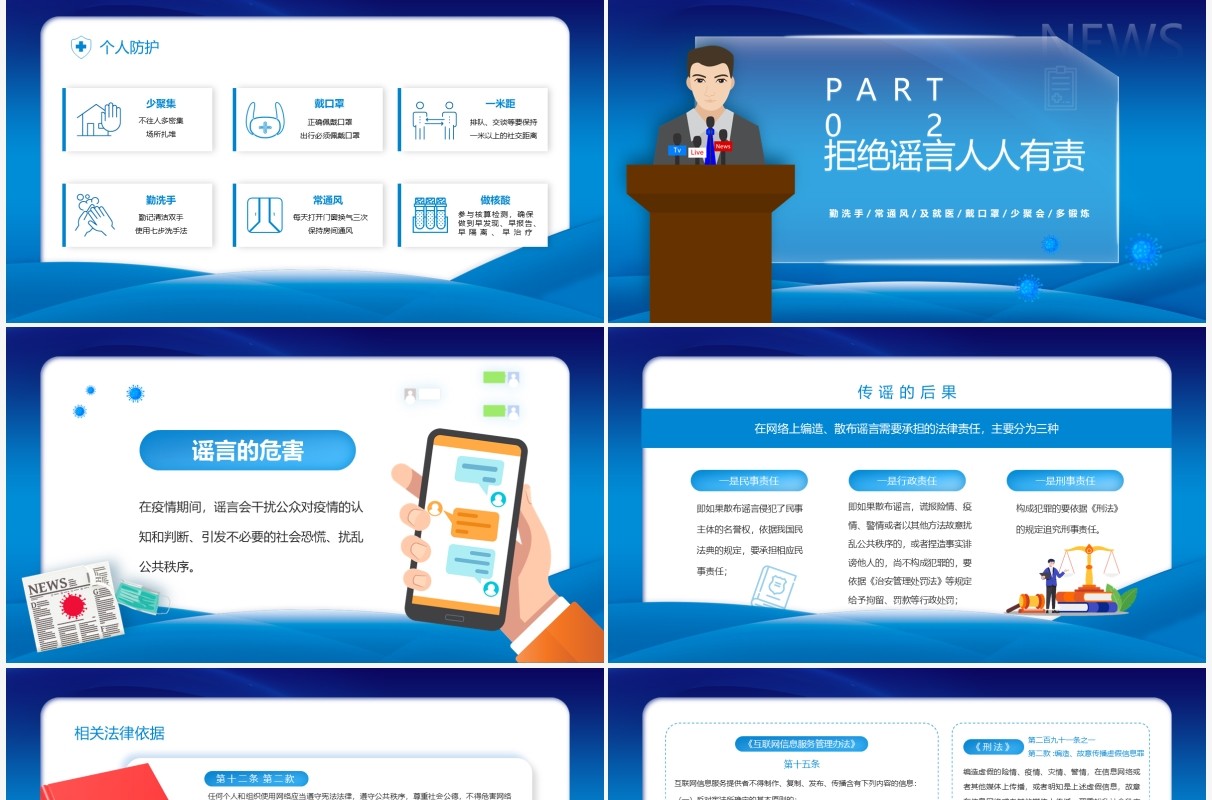 蓝色简约卡通风全国疫情防控PPT模板