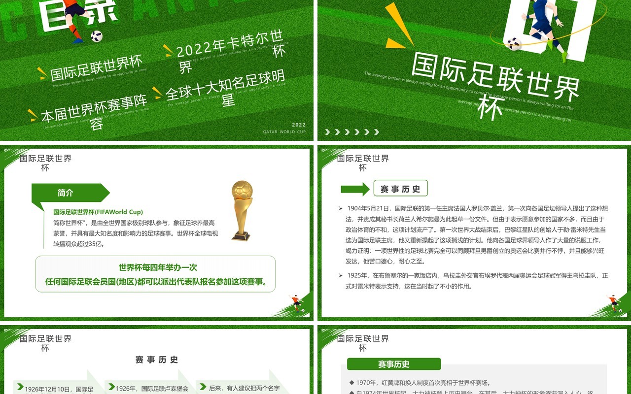 绿色卡通风决战世界杯纵情卡塔尔PPT模板