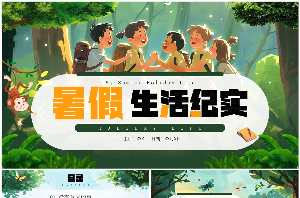 绿色插画风暑假生活纪实PPT模板