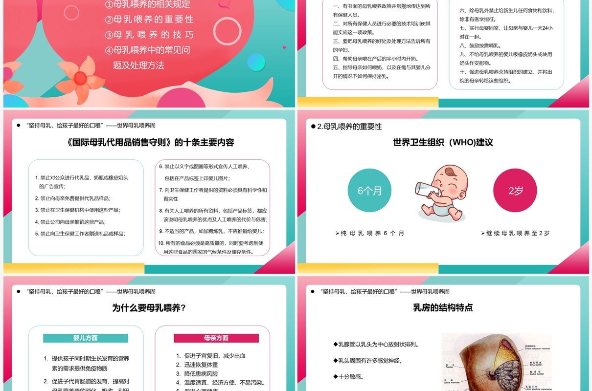 粉色卡通风世界母乳喂养周知识讲解PPT模板