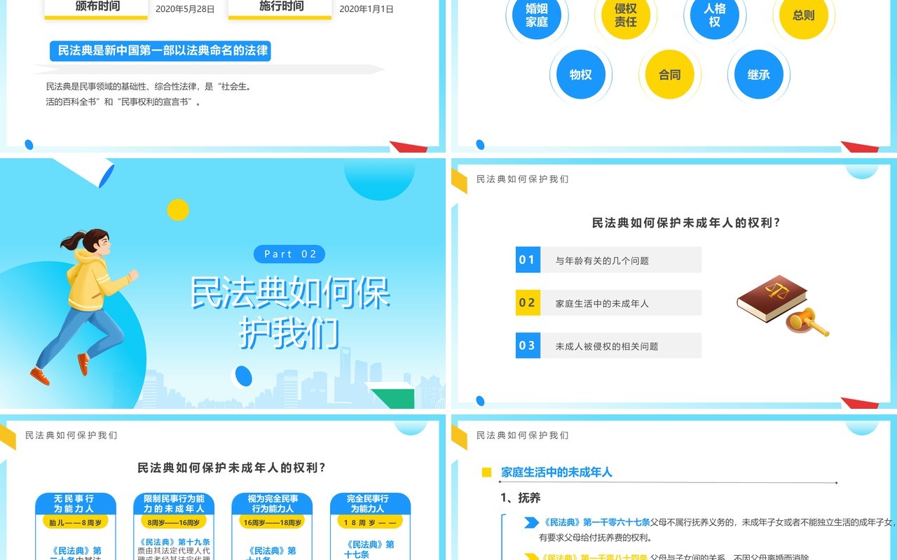 蓝色卡通风民法典进校园PPT模板