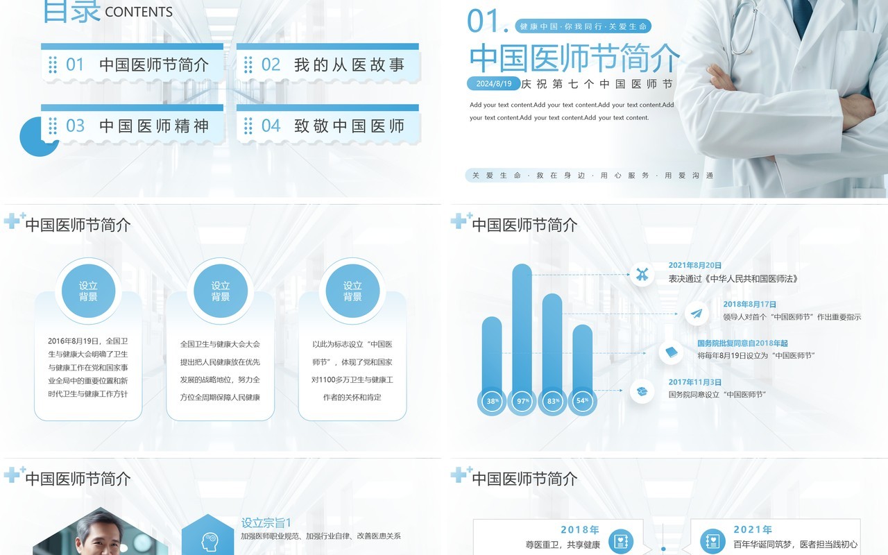 蓝色简约风中国医师节宣传介绍PPT模板