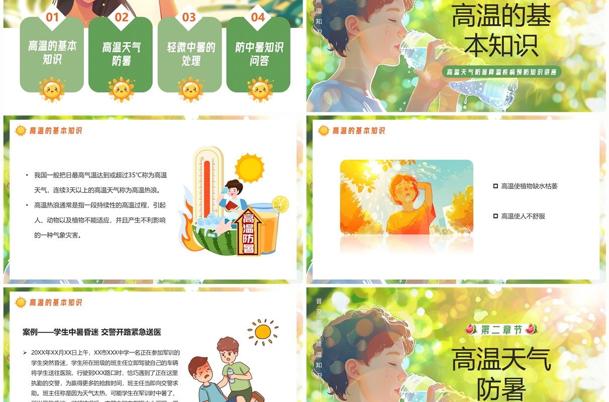 绿色卡通风高温防中暑知识讲座PPT模板