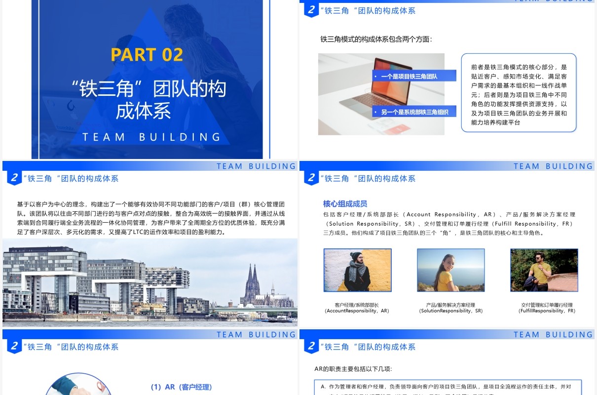 蓝色简约企业培训课件铁三角团队建设模式PPT模板