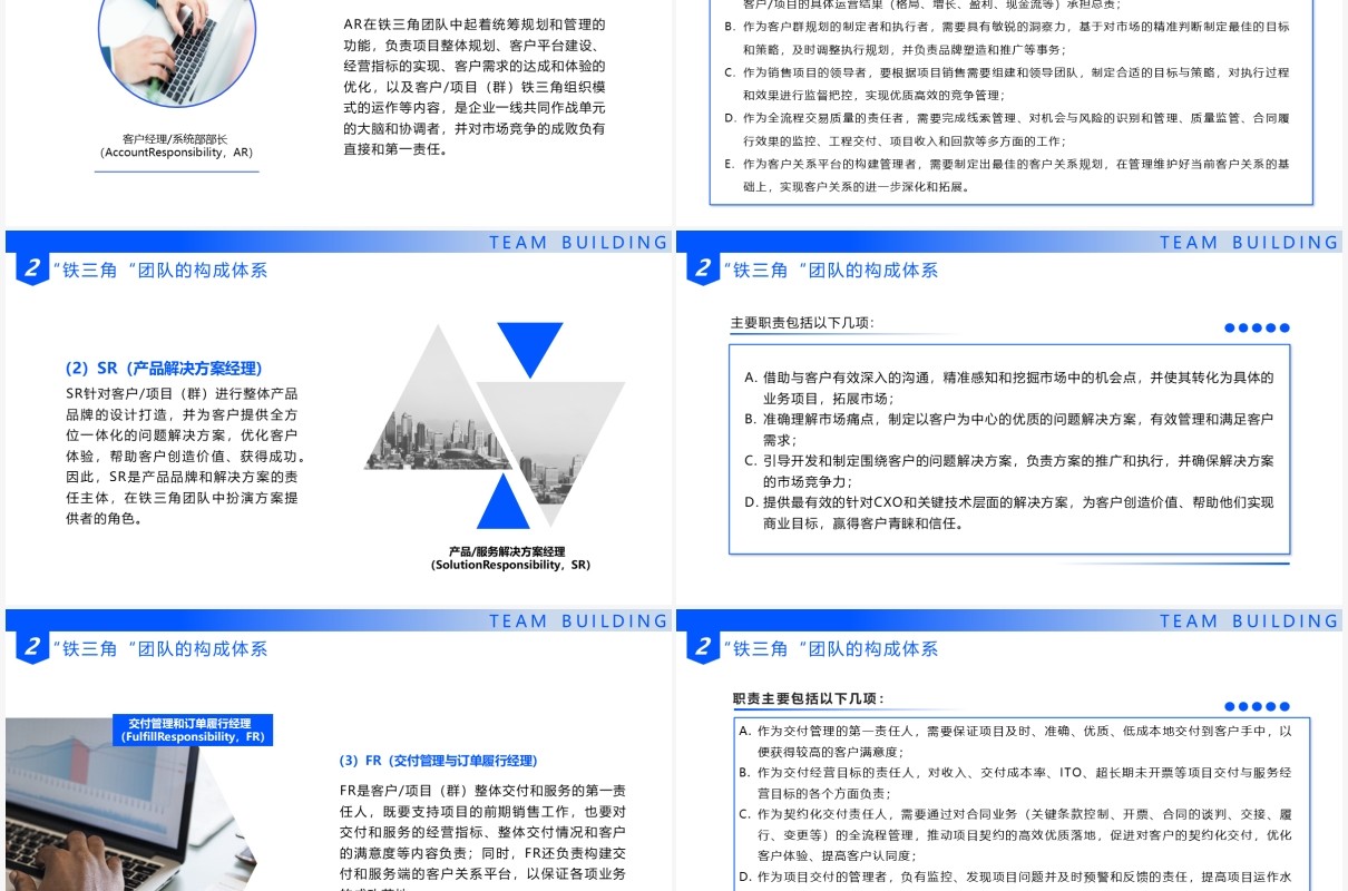 蓝色简约企业培训课件铁三角团队建设模式PPT模板