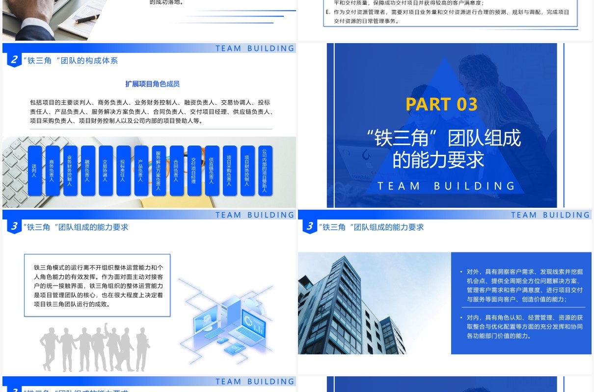 蓝色简约企业培训课件铁三角团队建设模式PPT模板