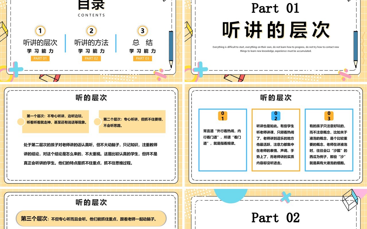 黄色孟菲斯风如何正确的听讲PPT模板
