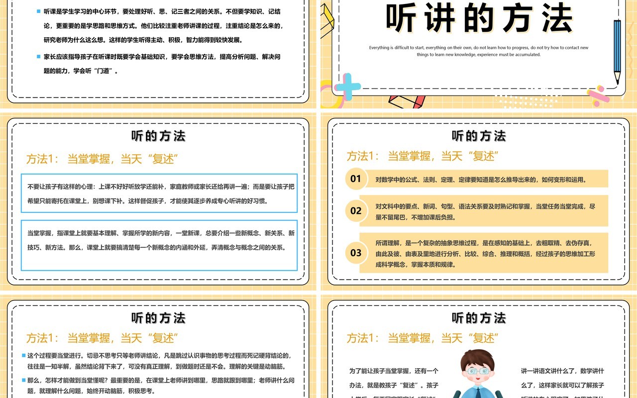 黄色孟菲斯风如何正确的听讲PPT模板