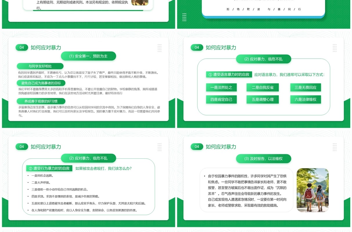 绿色简约风拒绝校园霸凌班会PPT模板
