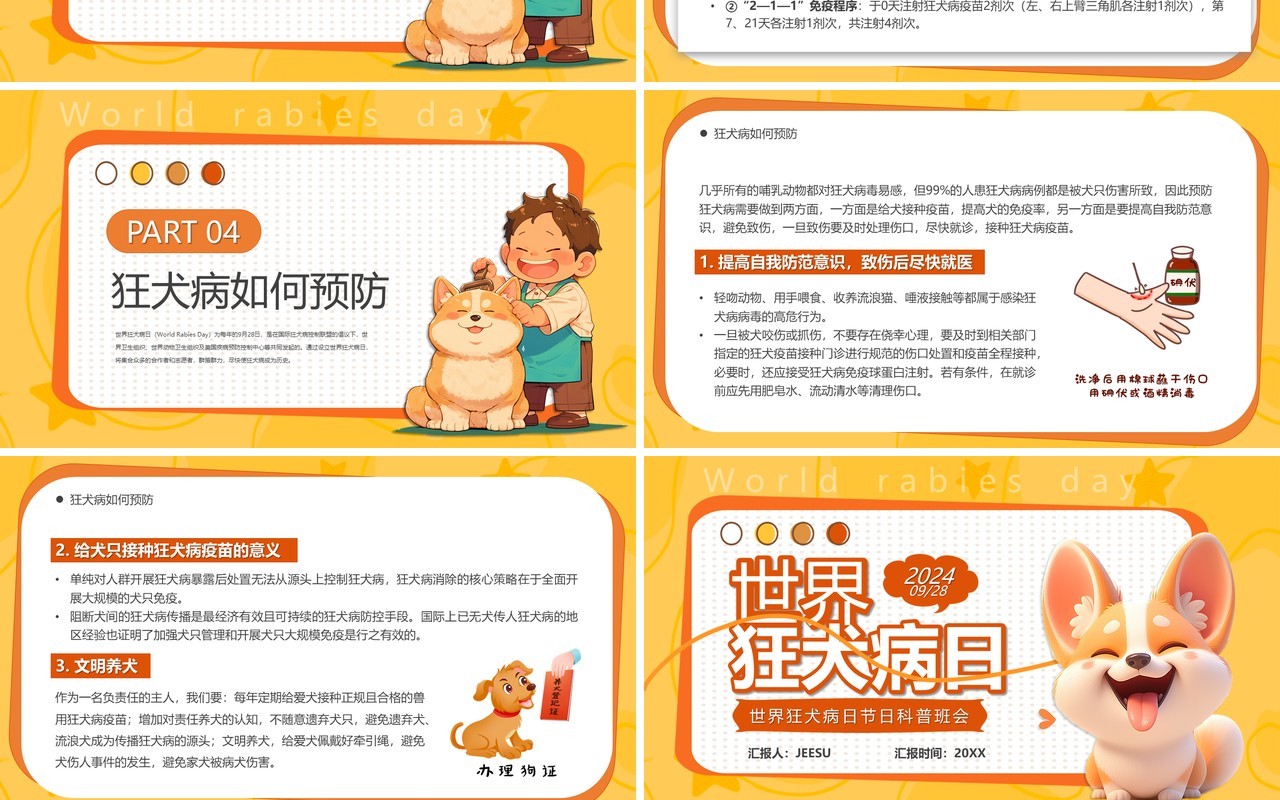 黄色卡通风世界狂犬病日PPT模板