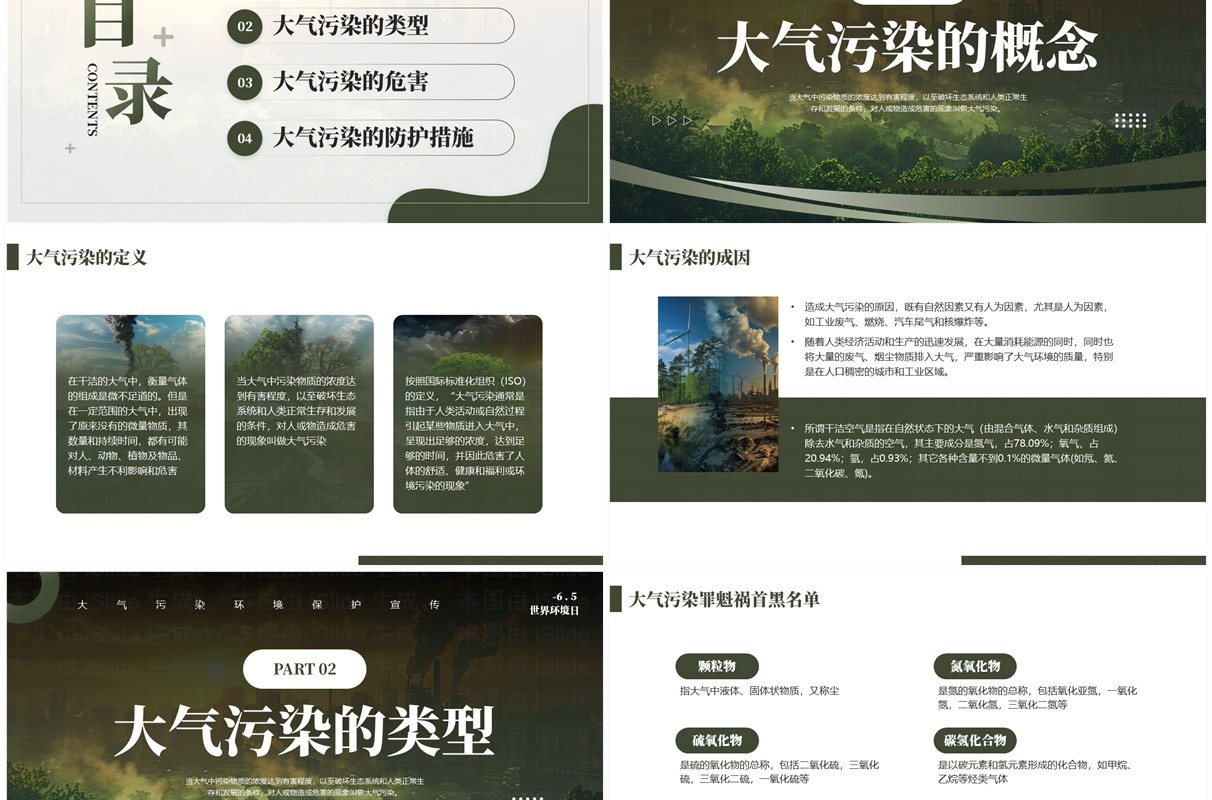 绿色简约风大气污染环境保护宣传PPT模板