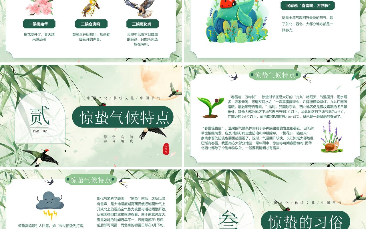 绿色淡雅中国风二十四节气之惊蛰PPT模板