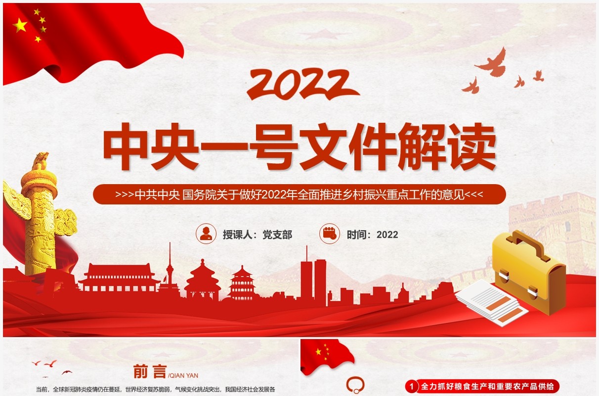 红色简约风2022中央一号文件解读PPT模板