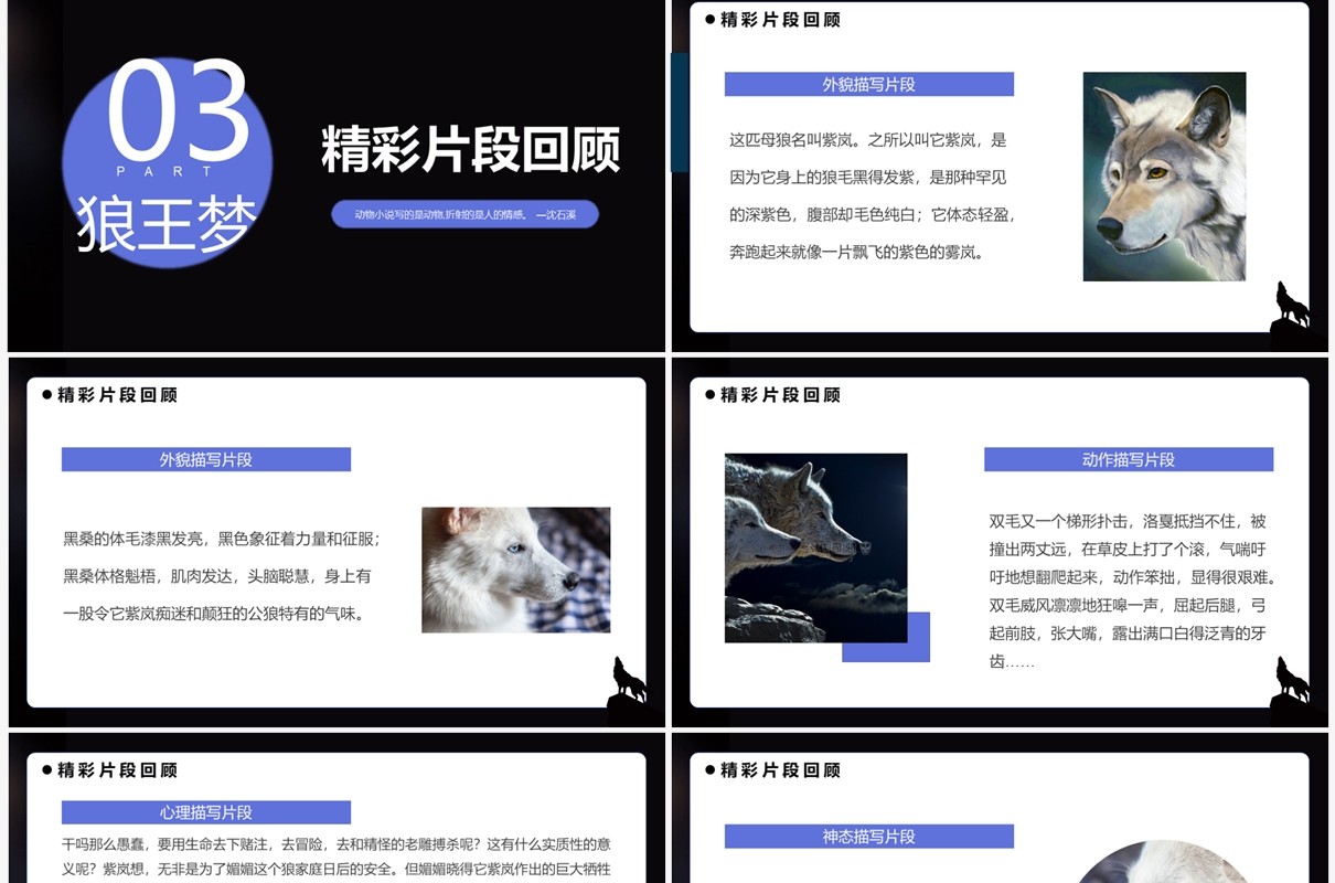 蓝色简约风读书分享狼王梦PPT模板