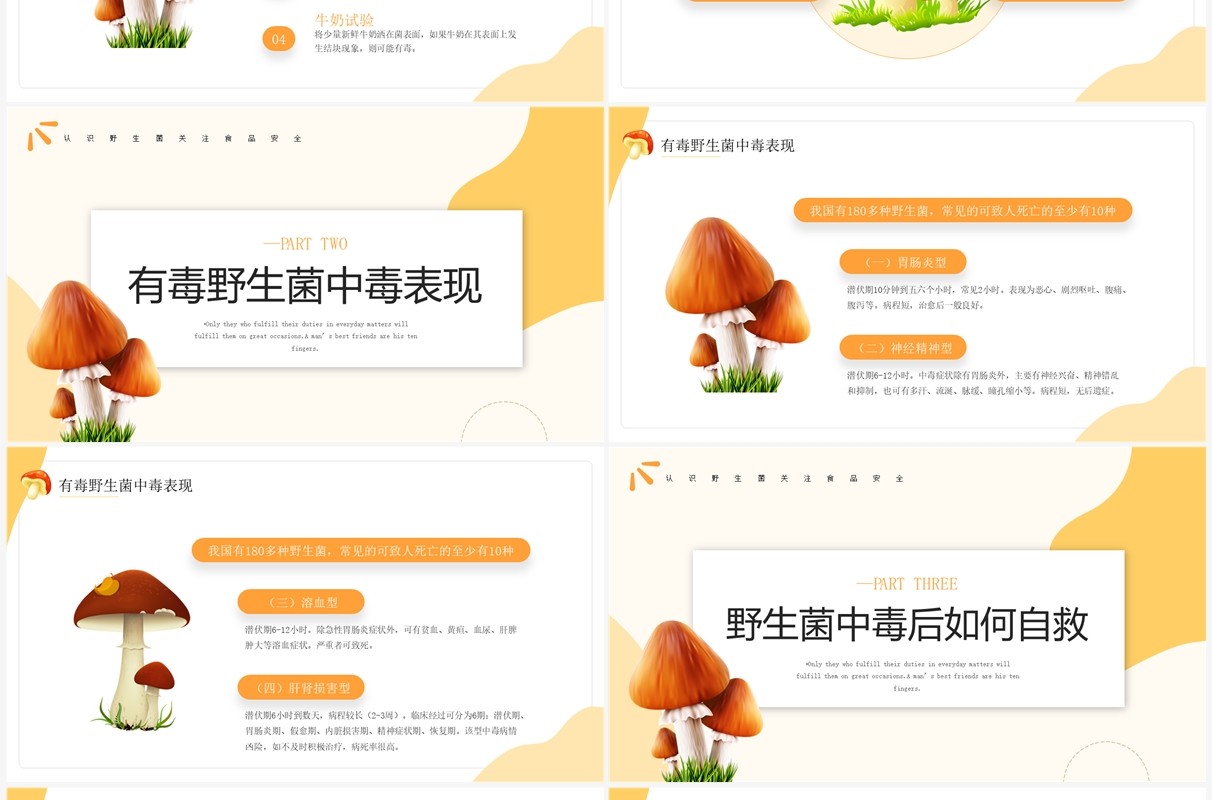 橙色简约风预防野生菌中毒宣传PPT模板