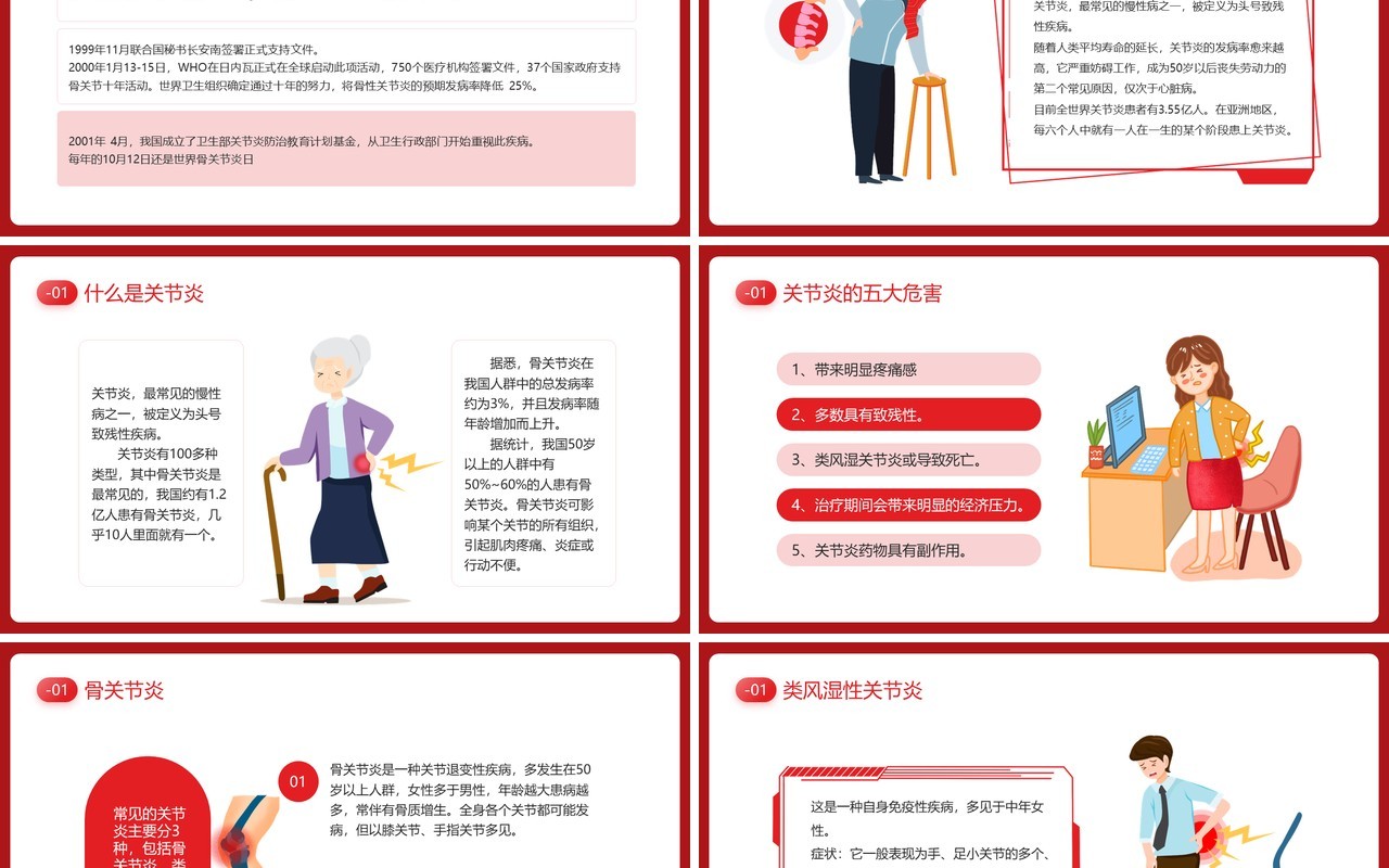 红色卡通风世界关节炎日介绍PPT模板