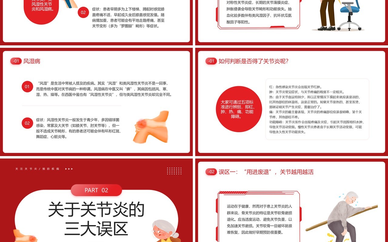 红色卡通风世界关节炎日介绍PPT模板