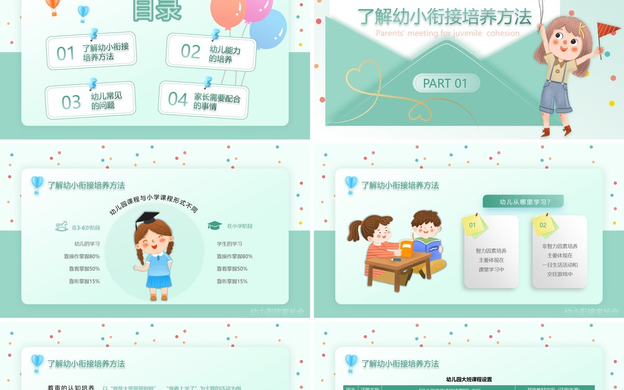 绿色卡通风幼小衔接家长会PPT模板
