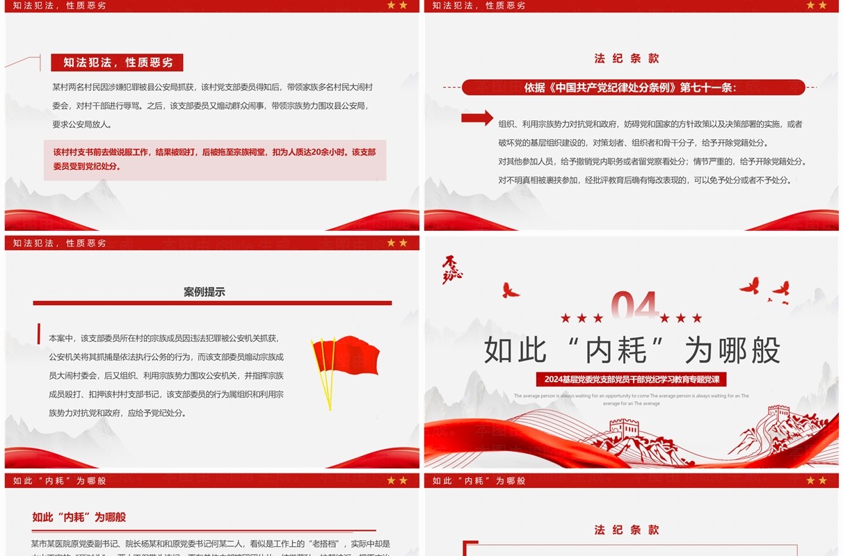 红色简约风以案说纪党纪学习教育PPT模板