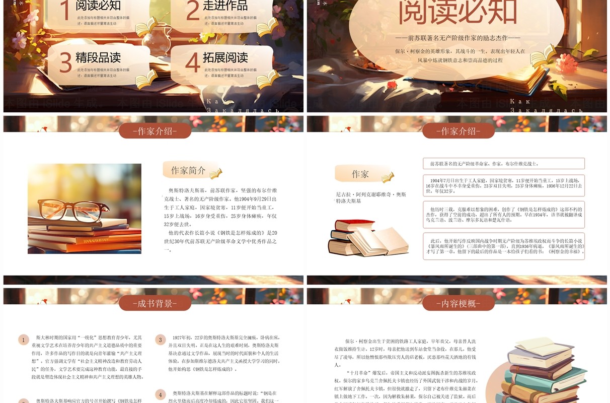 棕色插画风钢铁是怎样炼成的读书分享PPT模板