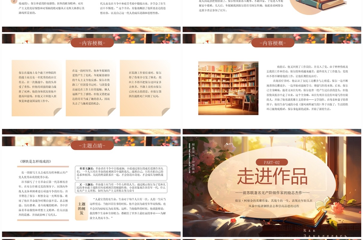 棕色插画风钢铁是怎样炼成的读书分享PPT模板