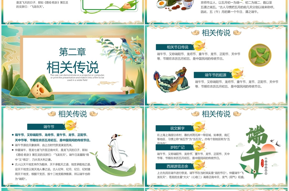 绿色国潮风中国传统传统节日端午节起源介绍PPT模板