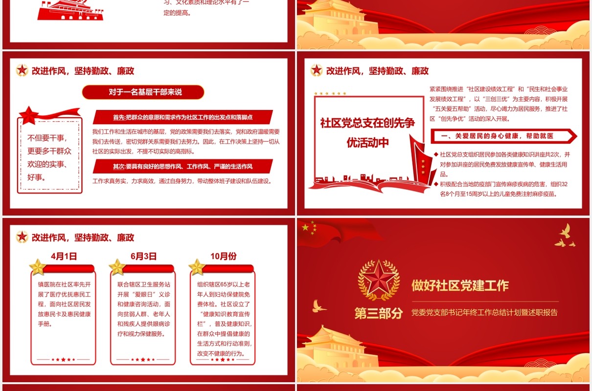 红色党政风党支部社区社村党建工作述职汇报年终总结动态PPT模板