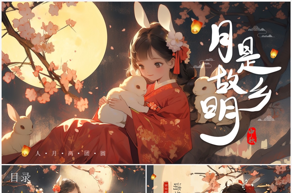 红色插画风月是故乡明中秋节PPT通用模板