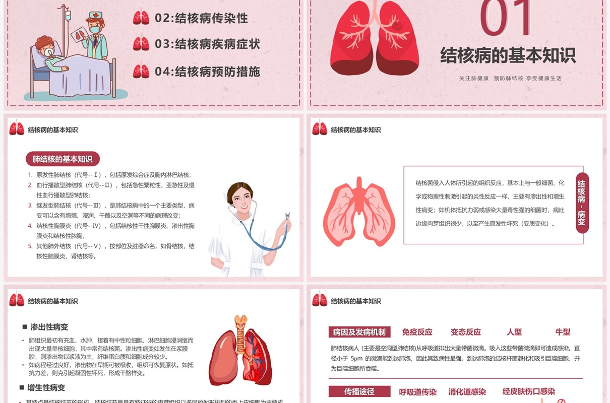 粉色卡通风肺结核病防治医疗知识宣传PPT模板