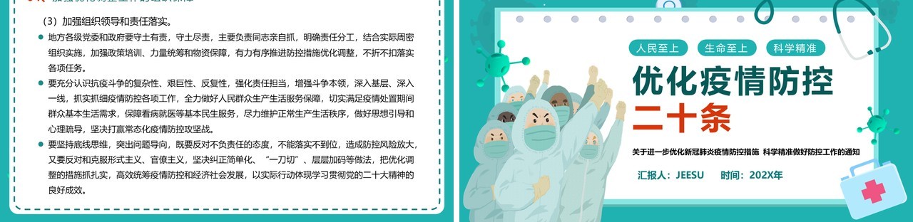 绿色卡通风优化疫情防控二十条PPT模板