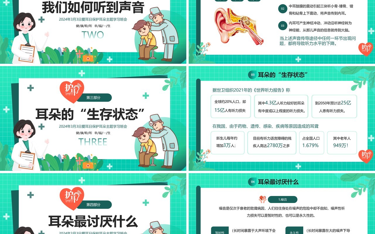 绿色卡通风全国爱耳日班会PPT模板