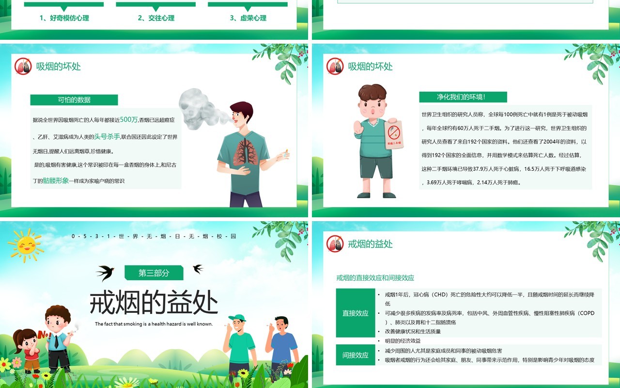 绿色卡通风世界无烟日班会PPT模板