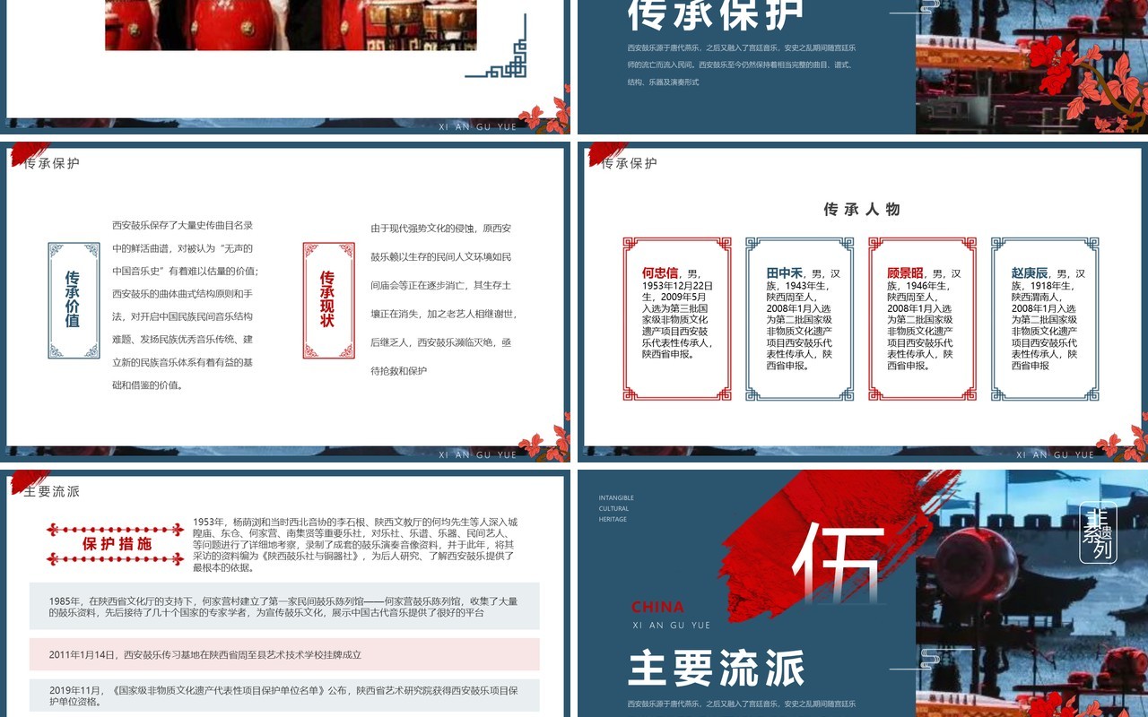 蓝色中国风非遗系列之西安鼓乐PPT模板