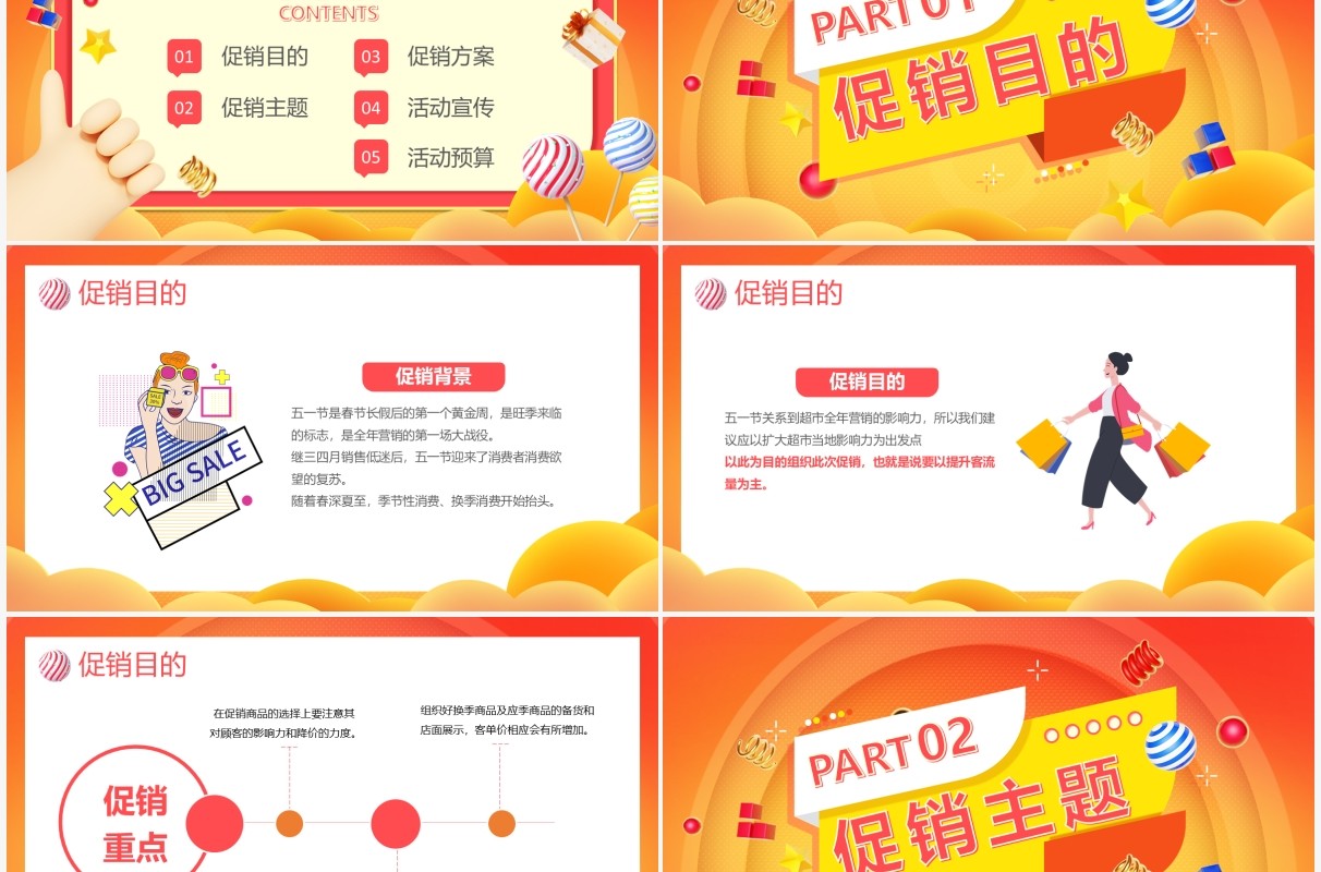 橙色卡通五一劳动节活动促销方案PPT模板