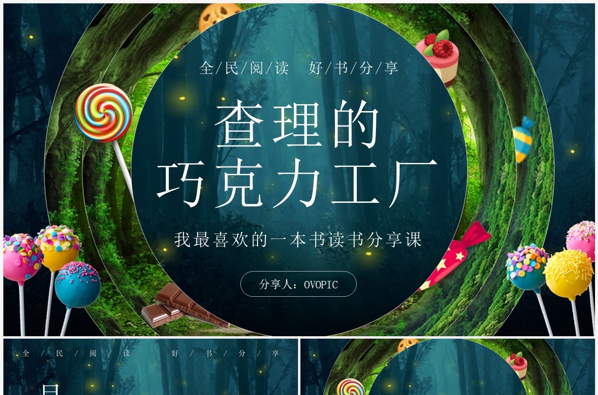 绿色卡通风查理的巧克力工厂好书分享PPT模板