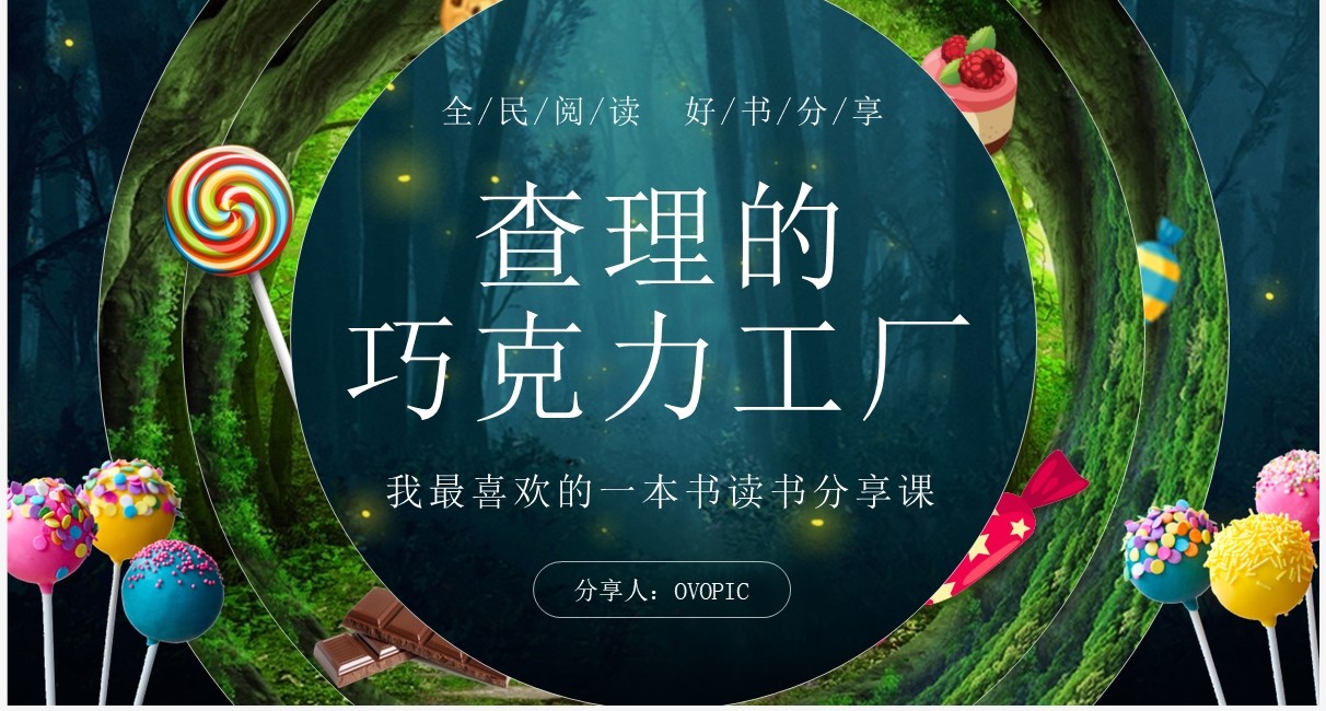 绿色卡通风查理的巧克力工厂好书分享PPT模板