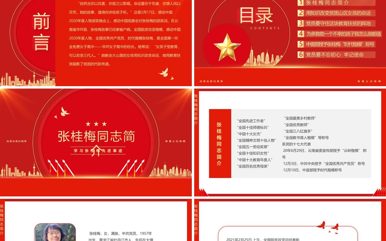 红色简约风学习时代楷模张桂梅先进事迹PPT模板(1)